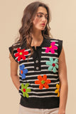 BiBi Flower Patch Striped Half Button Sweater Vest