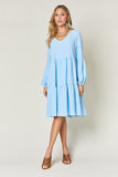 Double Take Full Size V-Neck Balloon Sleeve Tiered Dress