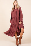 Mittoshop Tiered Button Down Long Sleeve Midi Dress