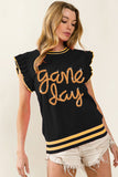 BiBi Game Day Letter Contrast Trim Ruffled Sleeveless Sweater