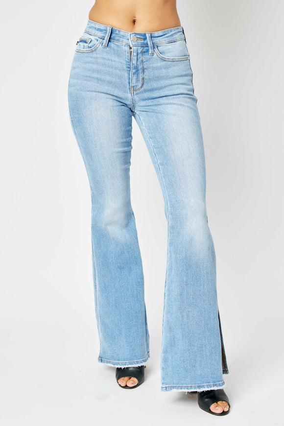 Judy Blue Full Size Mid Rise Raw Hem Slit Flare Jeans,