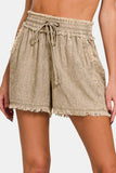 Zenana Washed Linen Frayed Hem Drawstring Shorts