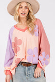 SAGE + FIG Full Size Daisy Applique Patch Color Block Long Sleeve Top