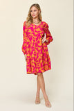 Double Take Full Size Printed Ruffle Hem Long Sleeve Dress