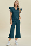 Double Take Full Size Texture Ruffle Short Sleeve Top and Wide Leg Pants Set