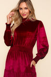 Haptics Mock Neck Smocked Waist Velvet Tiered Dress