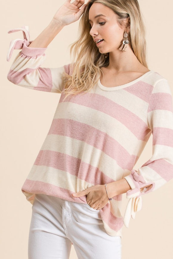 Reborn J Ribbon Cuff Contrast Striped Hacci Top