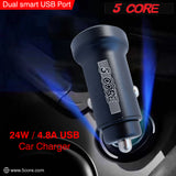 5 Core Car Charger Cigarette Lighter USB Charger Aluminum Alloy Dual USB w LED Fast Charging Power Adapter for iPhone iPad Samsung Galaxy -CDKC13 2Pcs