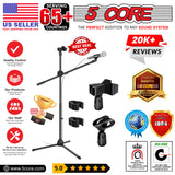 5 Core Microphone Stand Boom w Tripod Base Foldable Adjustable Height Up to 86 Inches 360 Degree Rotating W Dual Mic Holder & Golden Mic Screw Singing Speech Stage Outdoor Black MS DBL