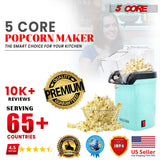 5 Core Hot Air Popcorn Popper Machine 1200W Electric Popcorn Kernel Corn Maker Bpa Free, 95% Popping Rate, 2 Minutes Fast, No Oil-Healthy Snack for Kids Adults, Home, Party, Gift POP