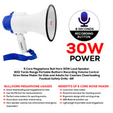 5 Core Megaphone Speaker • Battery Power 30W Bullhorn w Siren • Volume Adjustable Bull Horn • 800 Feet Range • Record Function • Mega Phone for Cheerleading Coaches Safety Drill- 8R