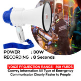 5 Core Megaphone Speaker • Battery Power 30W Bullhorn w Siren • Volume Adjustable Bull Horn • 800 Feet Range • Record Function • Mega Phone for Cheerleading Coaches Safety Drill- 8R