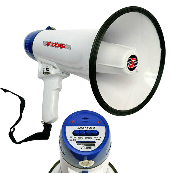 5 Core Megaphone Speaker Portable • 20W Bullhorn w Siren • Adjustable Volume Bull Horn • 300 Meter Range • Battery Operated Handheld Mega Phone for Coaches Safety Drill- 20R-USB WoB