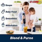 5 Core Handheld Blender, Electric Hand Blender 8-Speed 500W, Immersion Hand Held Blender Stick with Food Grade Stainless Steel Blades for Perfect Smoothies, Puree Baby Food & Soup - HB 1510 BLK/RED