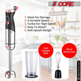 5 Core Handheld Blender 3 IN 1, Electric Hand Held Blenders 500W| Immersion 800ml Beaker & Whisk| 9 Speed Heavy Duty Stick, Stainless Steel Blades for Smoothies Puree Baby Food and Soups- HB1516 New