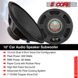 5 Core 10 Inch Speaker 60 Watt RMS Pro Audio Car Speakers 4 OHM Raw Replacement Sub Woofer 13 Oz Magnet Clear Surround Sound SP-1090