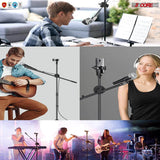 5 Core Microphone Stand Boom w Tripod Base Foldable Adjustable Height Up to 86 Inches 360 Degree Rotating W Dual Mic Holder & Golden Mic Screw Singing Speech Stage Outdoor Black MS DBL