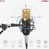 5 Core Studio Condenser Microphone Bundle Professional Adjustable Boom Arm Stand Shock Mount Pop Filter External USB Sound Card Foam Cover for Recording and Broadcasting (Gold)- REC Set