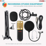 5 Core Studio Condenser Microphone Bundle Professional Adjustable Boom Arm Stand Shock Mount Pop Filter External USB Sound Card Foam Cover for Recording and Broadcasting (Gold)- REC Set