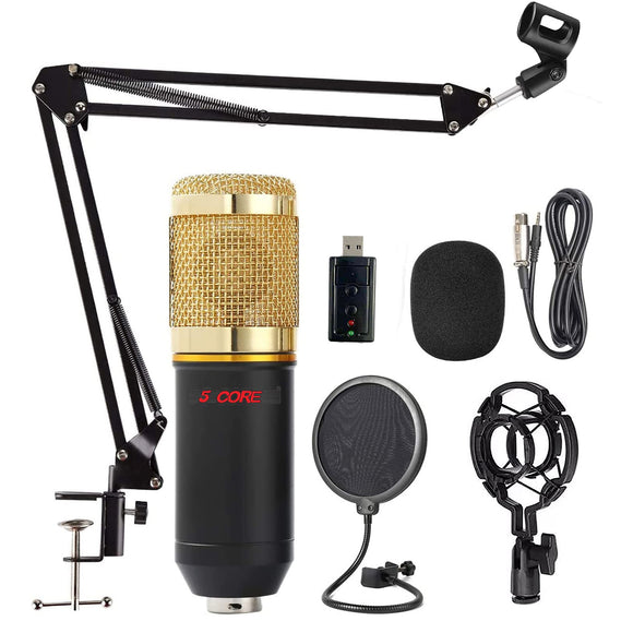 5 Core Studio Condenser Microphone Bundle Professional Adjustable Boom Arm Stand Shock Mount Pop Filter External USB Sound Card Foam Cover for Recording and Broadcasting (Gold)- REC Set