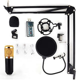 5 Core Studio Condenser Microphone Bundle Professional Adjustable Boom Arm Stand Shock Mount Pop Filter External USB Sound Card Foam Cover for Recording and Broadcasting (Gold)- REC Set