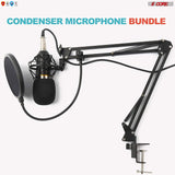 5 Core Studio Condenser Microphone Bundle Professional Adjustable Boom Arm Stand Shock Mount Pop Filter External USB Sound Card Foam Cover for Recording and Broadcasting (Gold)- REC Set