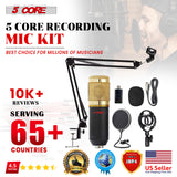 5 Core Studio Condenser Microphone Bundle Professional Adjustable Boom Arm Stand Shock Mount Pop Filter External USB Sound Card Foam Cover for Recording and Broadcasting (Gold)- REC Set