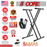 5 CORE Piano Keyboard Stand Double X Style Heavy Duty Adjustable Digital Electric Piano Riser Durable & Sturdy Music Synthesizer Holder Stands For Upto 88 Keys w Secure Locking Strap - KS 2X GEAR