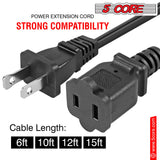 5Core AC Power Cord 15 Ft US Polarized Male to Female 2 Prong Extension Adapter Cords 16AWG 125V 1/2/12 Pc - EXC BLK 15FT