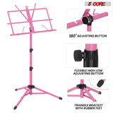 5 Core Music Stand, 2 in 1 Dual-Use Adjustable Folding Sheet Stand Pink/Metal Build Portable Sheet Holder/Carrying Bag, Music Clip and Stand Light Included - MUS FLD PNK