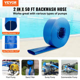 VEVOR Backwash Hose, 2 in x 50 ft, Heavy-Duty PVC Flat Pool Discharge Hose with Clamps, Weather and Burst Resistant, Compatible with Pumps, Sand Filters, for Swimming Pools Waste Water Draining, Blue