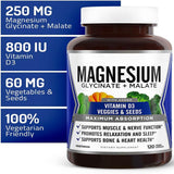 Magnesium Glycinate & Malate Complex w/Vitamin D3, 100% Chelated for Max Absorption, Vegetarian – Bone Health, Nerves, Muscles, 120 Capsules, 60 Days