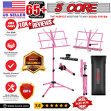 5 Core Music Stand, 2 in 1 Dual-Use Adjustable Folding Sheet Stand Pink/Metal Build Portable Sheet Holder/Carrying Bag, Music Clip and Stand Light Included - MUS FLD PNK