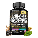 Shilajit Pure Himalayan 9000MG, Ashwagandha 2000MG, Rhodiola Rosea 1000MG, Panax Ginseng 1500MG, Turmeric 500MG, Ginkgo Biloba 500MG, Stinging Nettle 250MG, Cordyceps Mushroom 500MG (60 Caps) | 60 particle