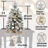 22in Mini Christmas Tree with Light Artificial Small Tabletop Woodland Christmas Decoration with Flocked Snow;  Exquisite Decor & Xmas Ornaments for Table Top for Home & Office