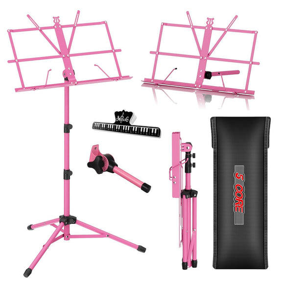 5 Core Music Stand, 2 in 1 Dual-Use Adjustable Folding Sheet Stand Pink/Metal Build Portable Sheet Holder/Carrying Bag, Music Clip and Stand Light Included - MUS FLD PNK