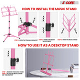 5 Core Music Stand, 2 in 1 Dual-Use Adjustable Folding Sheet Stand Pink/Metal Build Portable Sheet Holder/Carrying Bag, Music Clip and Stand Light Included - MUS FLD PNK