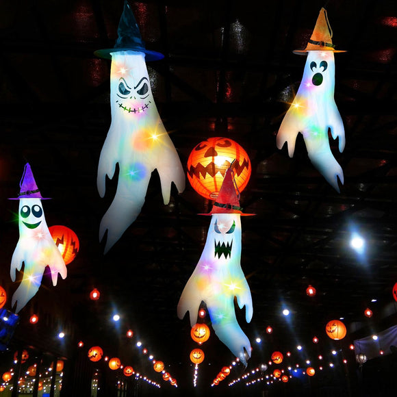 4Pcs Halloween Ghosts With Witch Hats Windsocks Hanging Decoration With Colorful LED Light Outdoor Flag Wind Socks Halloween Party Decoration For Yard Garden Tree