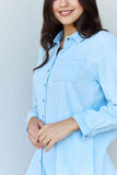 Fara Nawa Blue Jean Baby Denim Button Down Shirt Top, in Light Blue