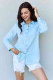 Fara Nawa Blue Jean Baby Denim Button Down Shirt Top, in Light Blue