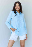 Fara Nawa Blue Jean Baby Denim Button Down Shirt Top, in Light Blue