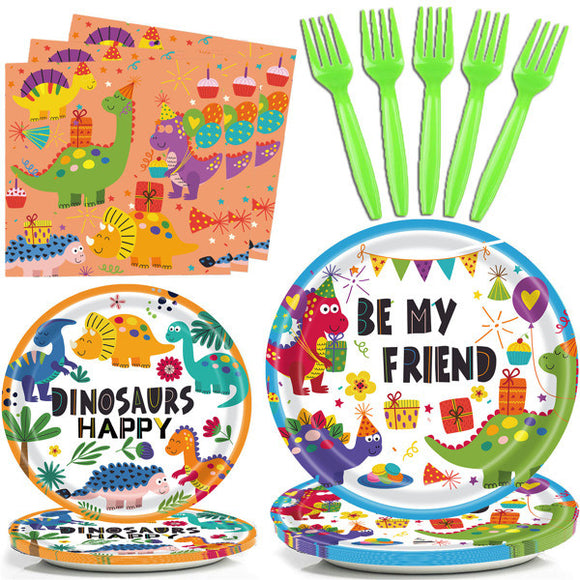 Dinosaur Plates Disposable Paper Plate Party Supplies Pack Birthday Dinnerware Serves 16 for Boy Kids Perfect Tableware Includes Plates; Napkins; Forks 68PCS