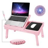 Foldable Laptop Table Bed Notebook Desk with Cooling Fan Mouse Board LED light 4 xUSB Ports Breakfast Snacking Tray